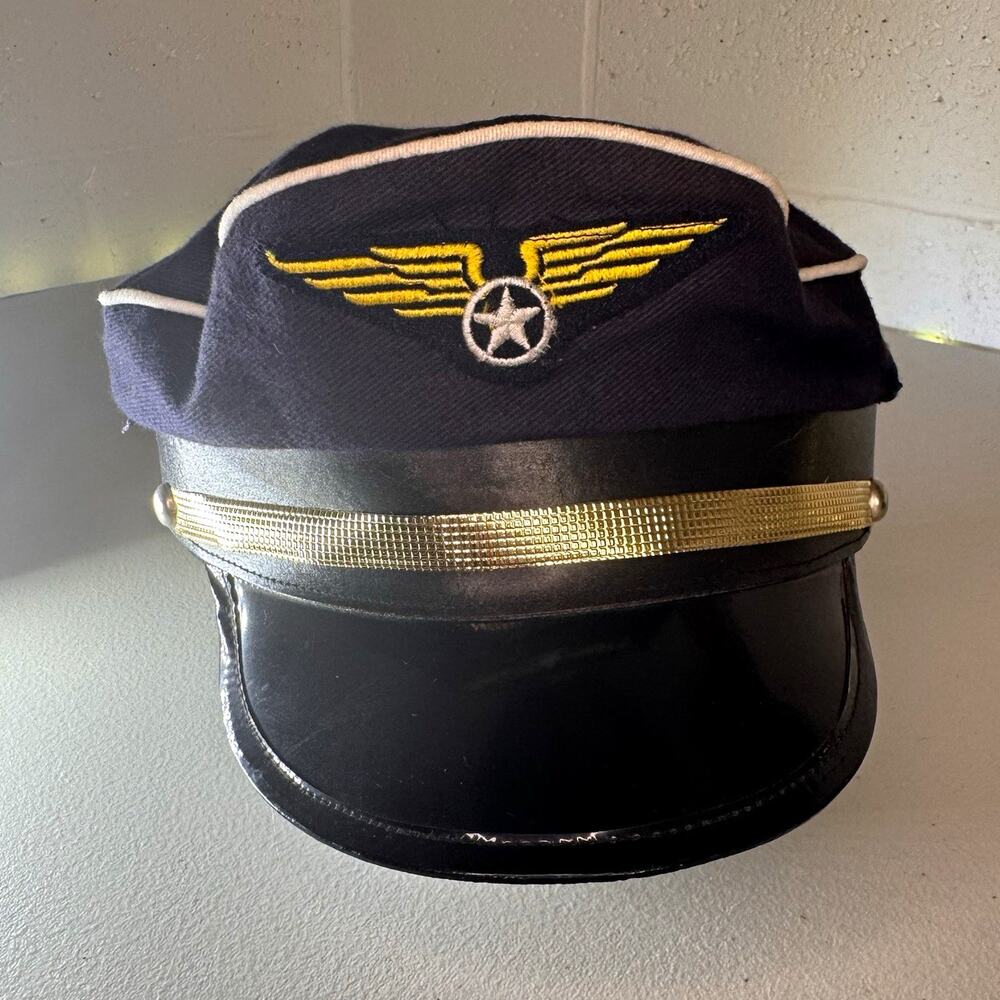 Jhats Pilot Costume Cap 58cm Navy Blue/Black Gold Trim 100% Cotton